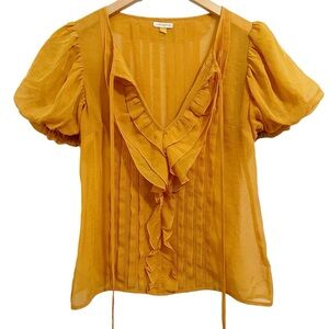 Anthropologie Leifsdottir Yellow Pleated Puff Sleeve Semi Sheer Top Size 2